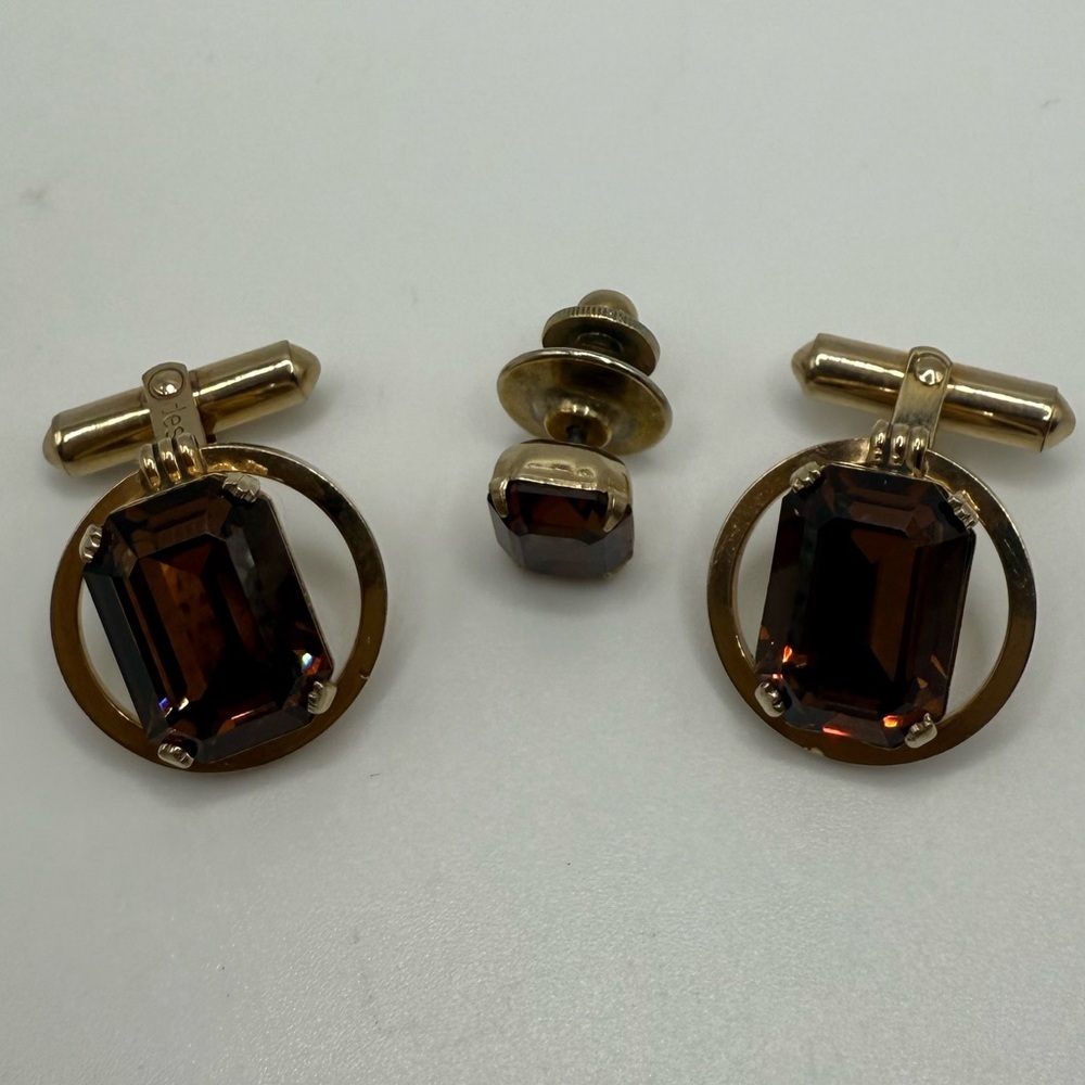 ✨ Vintage Destino 12K Gold-Filled Cufflinks & Stud Set – Smoky Brown Glass